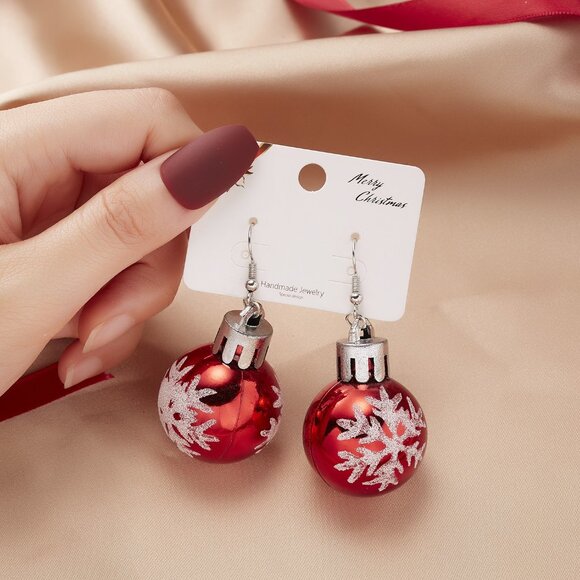 Christmas Ball Snowflake Ornament Earrings Dangle 1 1/2 In Drop Red White - Picture 3 of 6